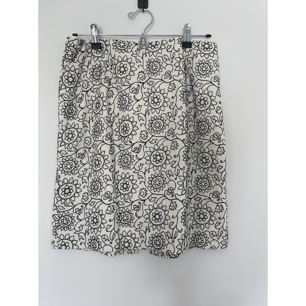 W Black and Cream Linen Blend Floral Embroidered Mini A line Skirt Size 10